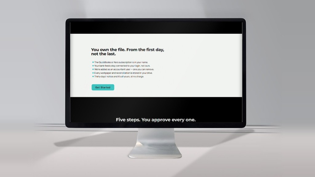A section headed 'You own the file. From the first day, not the last,' listing five ownership terms including subscriptions, bank feeds, and workpapers.