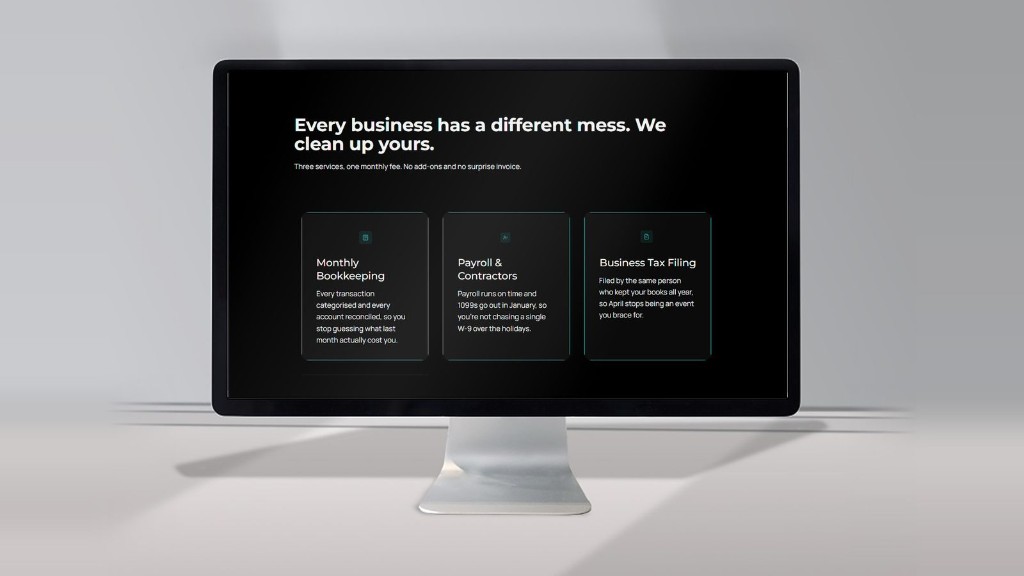 Three service cards — monthly bookkeeping, payroll and contractors, business tax filing — on a black background with teal outlines.