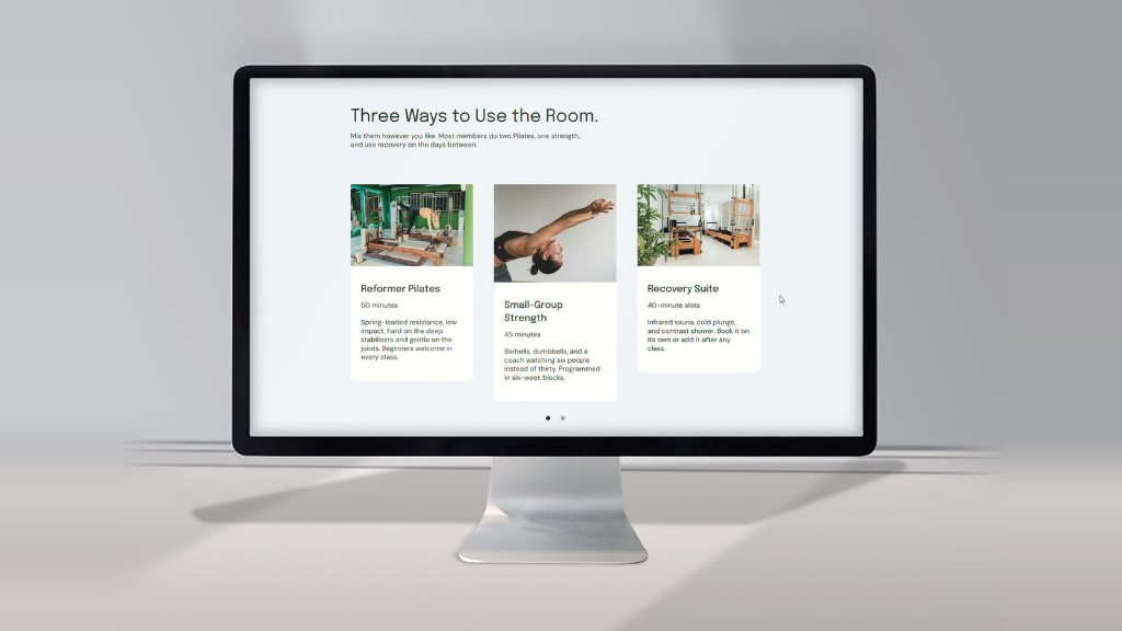 Three class cards — reformer Pilates, small-group strength, and a recovery suite — each with a photo and its session length.