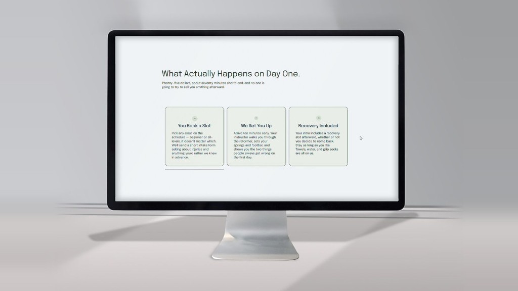 A section headed 'What Actually Happens on Day One,' with three cards covering booking, arrival, and what the intro session includes.