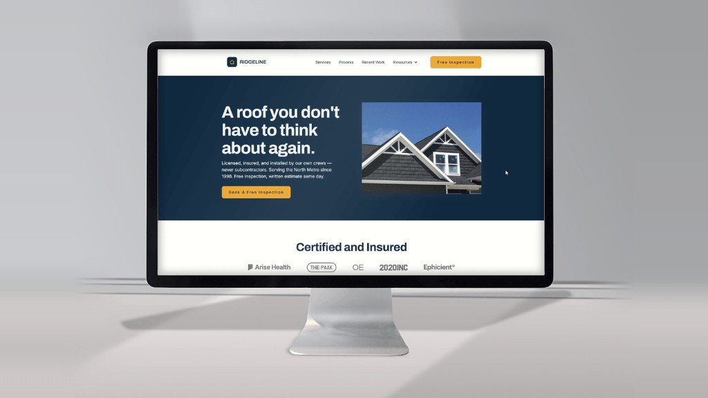 Homepage of a roofing site with a free-inspection call to action.