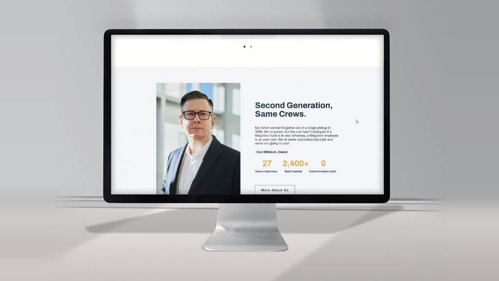 An owner section with a photograph, a signed quote about never subcontracting, and three figures: years in business, roofs installed, subcontractors used.