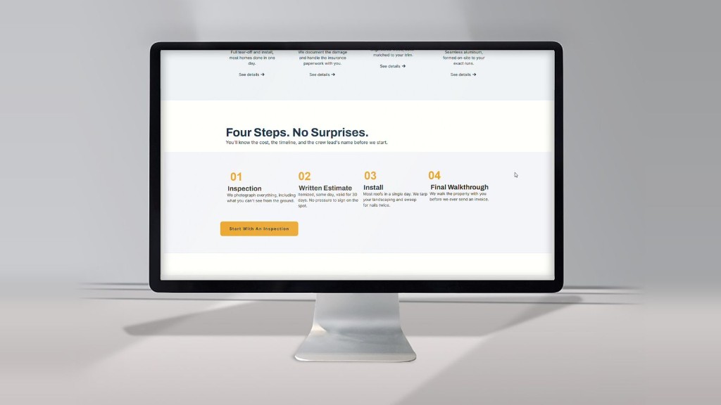 A four-step process section — inspection, written estimate, install, final walkthrough — with each step numbered and priced up front.